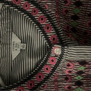 crown & ivy Black and White Striped Blouse with Pink Embroidery